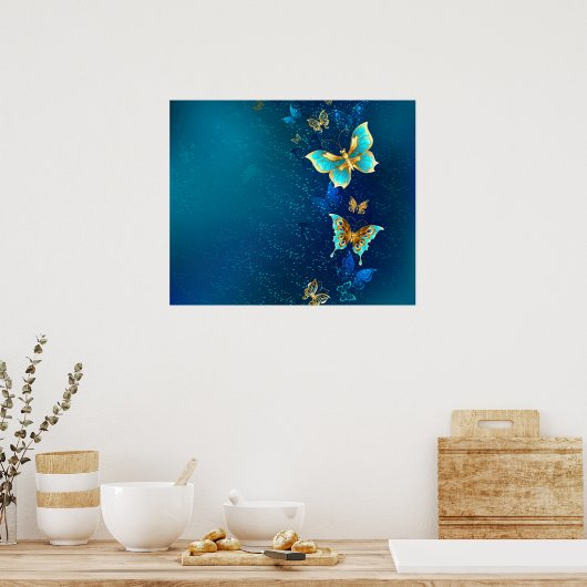 Golden Butterflies op een blauwe achtergrond Poster (Keuken)