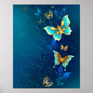 Golden Butterflies op een blauwe achtergrond Poster