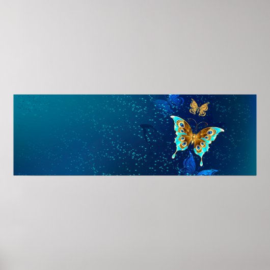 Golden Butterflies op een blauwe achtergrond Poster (Voorkant)