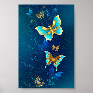 Golden Butterflies op een blauwe achtergrond Poster