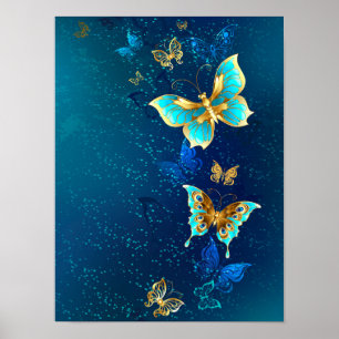 Golden Butterflies op een blauwe achtergrond Poster