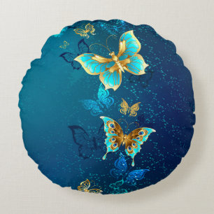 Golden Butterflies op een blauwe achtergrond Rond Kussen