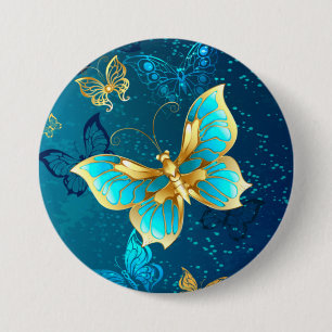 Golden Butterflies op een blauwe achtergrond Ronde Button 7,6 Cm
