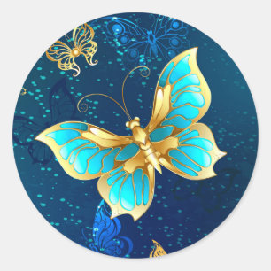 Golden Butterflies op een blauwe achtergrond Ronde Sticker