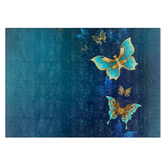 Golden Butterflies op een blauwe achtergrond Snijplank (Voorkant)