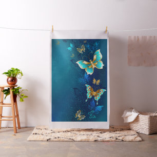 Golden Butterflies op een blauwe achtergrond Stof