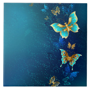 Golden Butterflies op een blauwe achtergrond Tegeltje