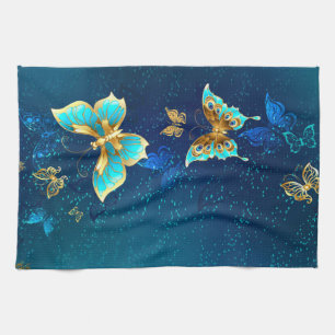 Golden Butterflies op een blauwe achtergrond Theedoek
