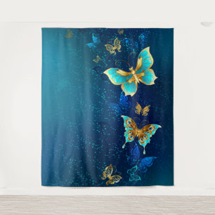 Golden Butterflies op een blauwe achtergrond Wandkleed