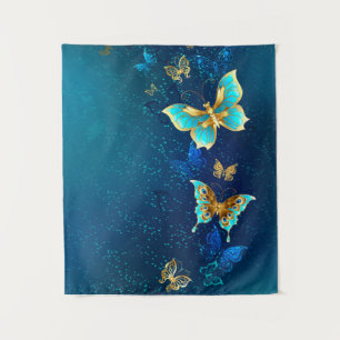 Golden Butterflies op een blauwe achtergrond Wandkleed