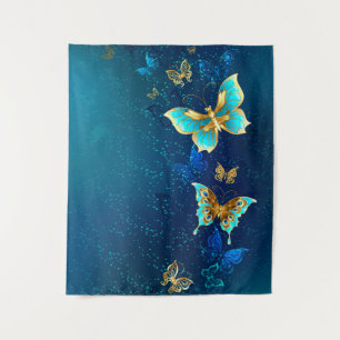 Golden Butterflies op een blauwe achtergrond Wandkleed