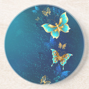 Golden Butterflies op een blauwe achtergrond Zandsteen Onderzetter