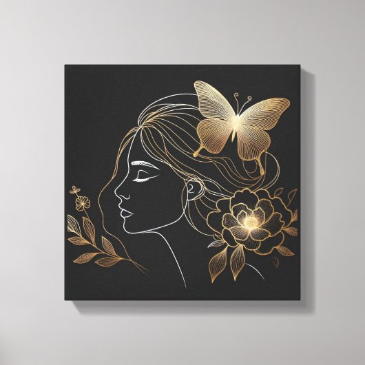 Golden Butterfly Crown on Feminine Profile Canvas Afdruk (Voorkant)