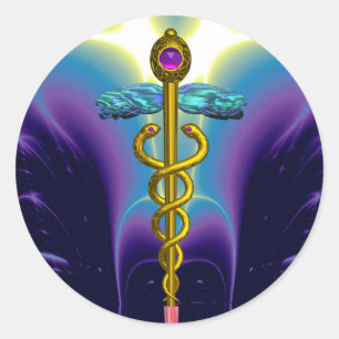 GOLDEN CADUCEUS Medical Symbool Vibrant Paars Blue Ronde Sticker