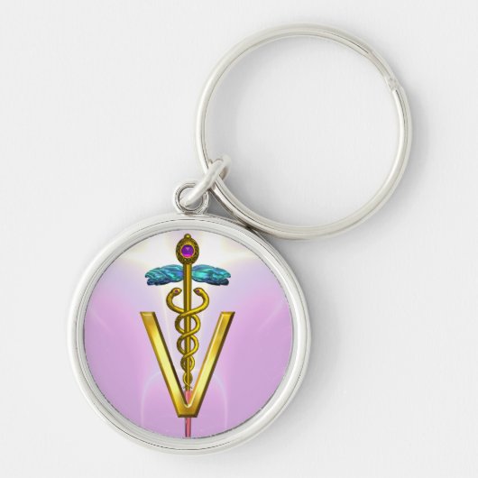 GOLDEN CADUCEUS VETERINAIR SYMBOL Roze Wit Sleutelhanger (Voorkant)