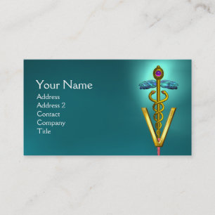 GOLDEN CADUCEUS VETERINAIR SYMBOL / Turquoise Blue Visitekaartje