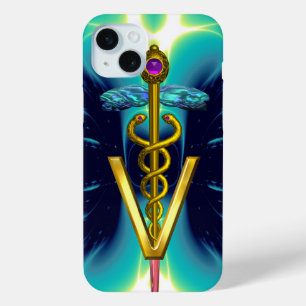 GOLDEN CADUCEUS VETERINAIR SYMBOOL / Blauwgroen bl iPhone 15 Mini Hoesje