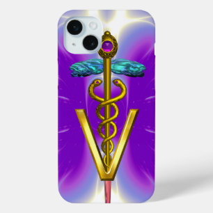 GOLDEN CADUCEUS VETERINAIR SYMBOOL / Paarse Fuchsi iPhone 15 Mini Hoesje