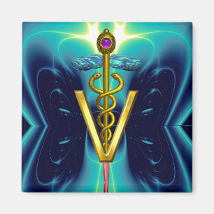 GOLDEN CADUCEUS VETERINARY SYMBOL Blue Turquoise Magneet