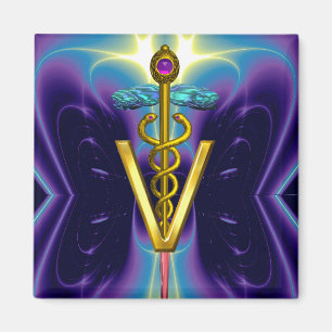 GOLDEN CADUCEUS VETERINARY SYMBOL / Purple Blue Magneet