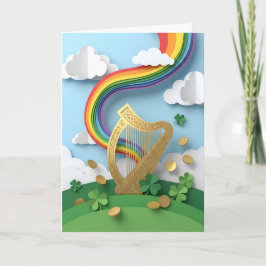 Golden Celtic Harp Rainbow Papercraft St Patricks Kaart