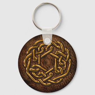 Golden celtic ornament op leder sleutelhanger