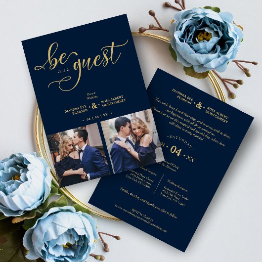 Golden Charm Navy Blue Romantic Wedding Kaart