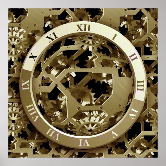 Golden Clocks en tandwielen Steampunk Mechanical G Poster (Voorkant)