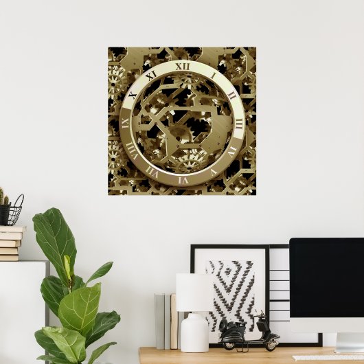 Golden Clocks en tandwielen Steampunk Mechanical G Poster (Thuiskantoor)