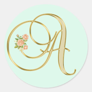 Golden Color Floral Monogram Letter A Mint Ronde Sticker