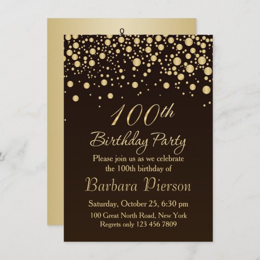 Golden confetti 100th Birthday Party Invitation (Devant / Derrière)