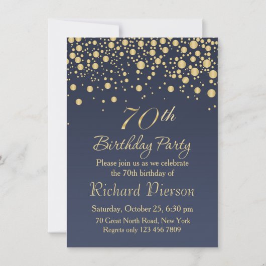 Golden confetti 70th Birthday Party Invitation (Devant)
