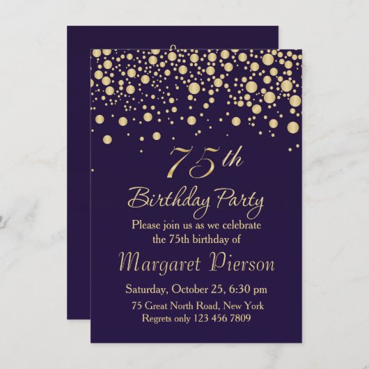 Golden confetti 75th Birthday Party Invitation (Devant / Derrière)