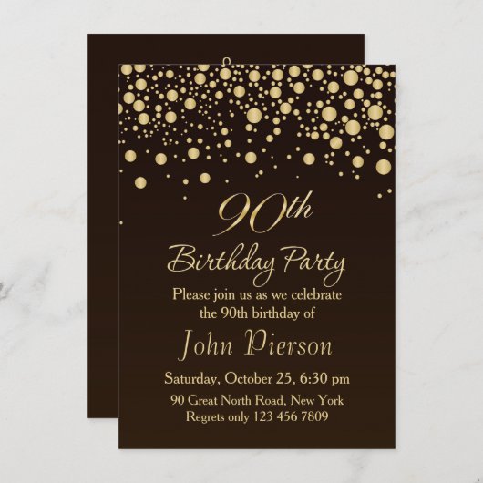 Golden confetti 90th Birthday Party Invitation (Devant / Derrière)