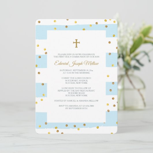 Golden Confetti Bleu Invitation religieuse (Debout devant)