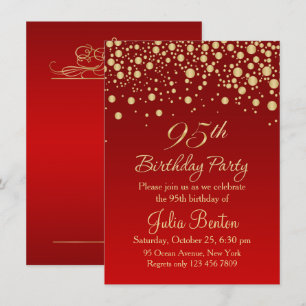 Golden confetti on red 95th Birthday Invitation Kaart