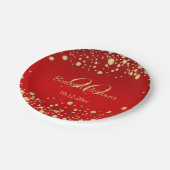 Golden confetti op de rode 90e verjaardag papieren bordje (Gekanteld)