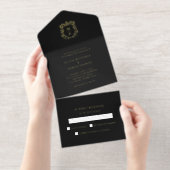 Golden Crest | Black Elegant Wedding Gold Foil All In One Uitnodiging (Uittrekbaar)
