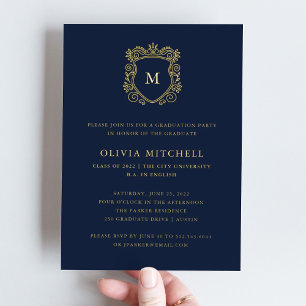 Golden Crest Elegant Navy Graduation Party Folie Uitnodiging
