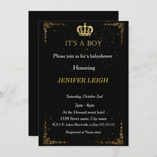 Golden Crown Baby garçon douche invitation (Devant / Derrière)