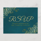 Golden Curls & Swirls on Teal Wedding RSVP Briefkaart (Voorkant)