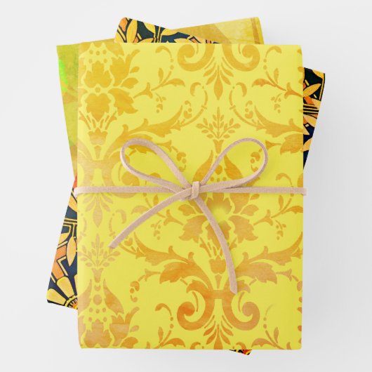 Golden Damask, Craftsy Zinnias en Tangerine Leaf Inpakpapier Vel (In situ)