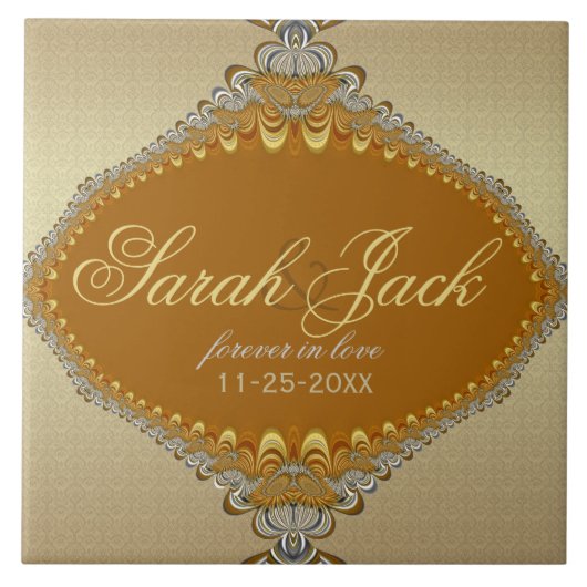 Golden Damask Fractal Lace Wedding Keepomwille Tegeltje (Voorkant)