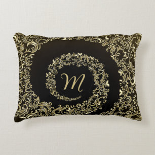 Golden Damask Monogram Accent Kussen
