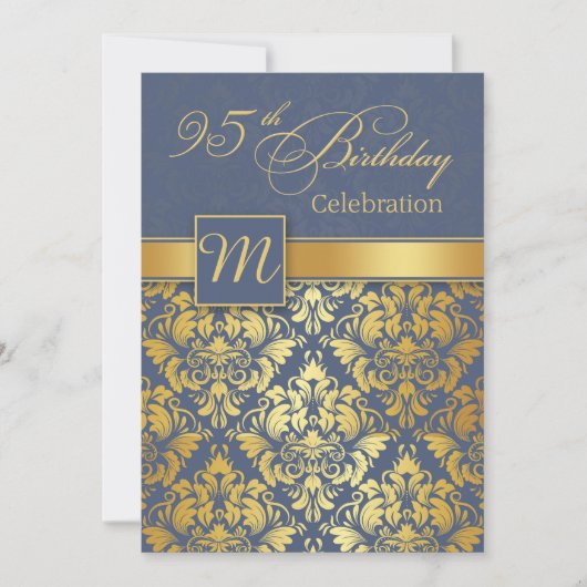 Golden damask op blue 95th Birthday Party Invite Kaart (Voorkant)