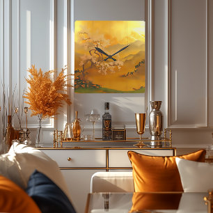Golden Dawn: Elegante Aziatische Inspiratie Vierkante Klok
