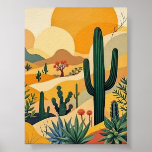 Golden Desert Cactus Sunset Paysage Art Poster