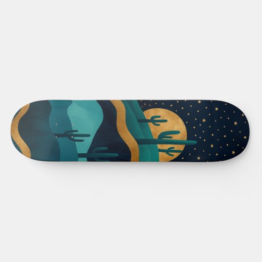 Golden Desert Nightscape - Abstracte Cactus kunst Skateboard (Horizontaal)