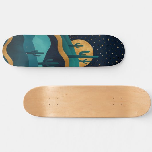 Golden Desert Nightscape - Abstracte Cactus kunst Skateboard (Horizontaal)