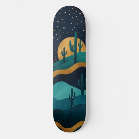 Golden Desert Nightscape - Abstracte Cactus kunst Skateboard (Voorkant)